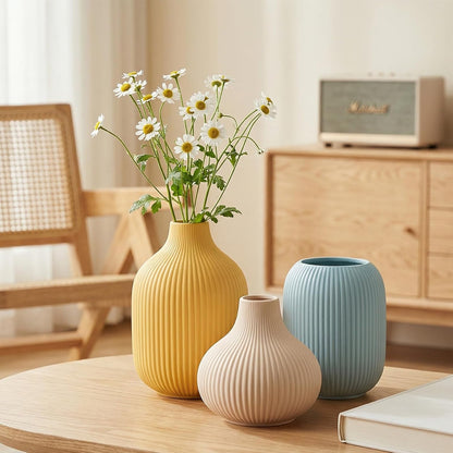 White Ceramic Flower Vases Set of 3, Modern Matte Vertical Ribbed, Nordic Minimalist Decor for Pampas, Dried & Fresh Flowers, Centerpiece for Living Room, Shelf, Entryway, Wedding,Office