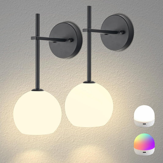 Brass Battery Operated Wall Sconces Set of 2, Rechargeable Wireless Wall Lights with Milky White Frosted Glass, 12 RGB and 3CCT Dimmable, Wall Lamps with Remote for Bedroom Living Room Hallway