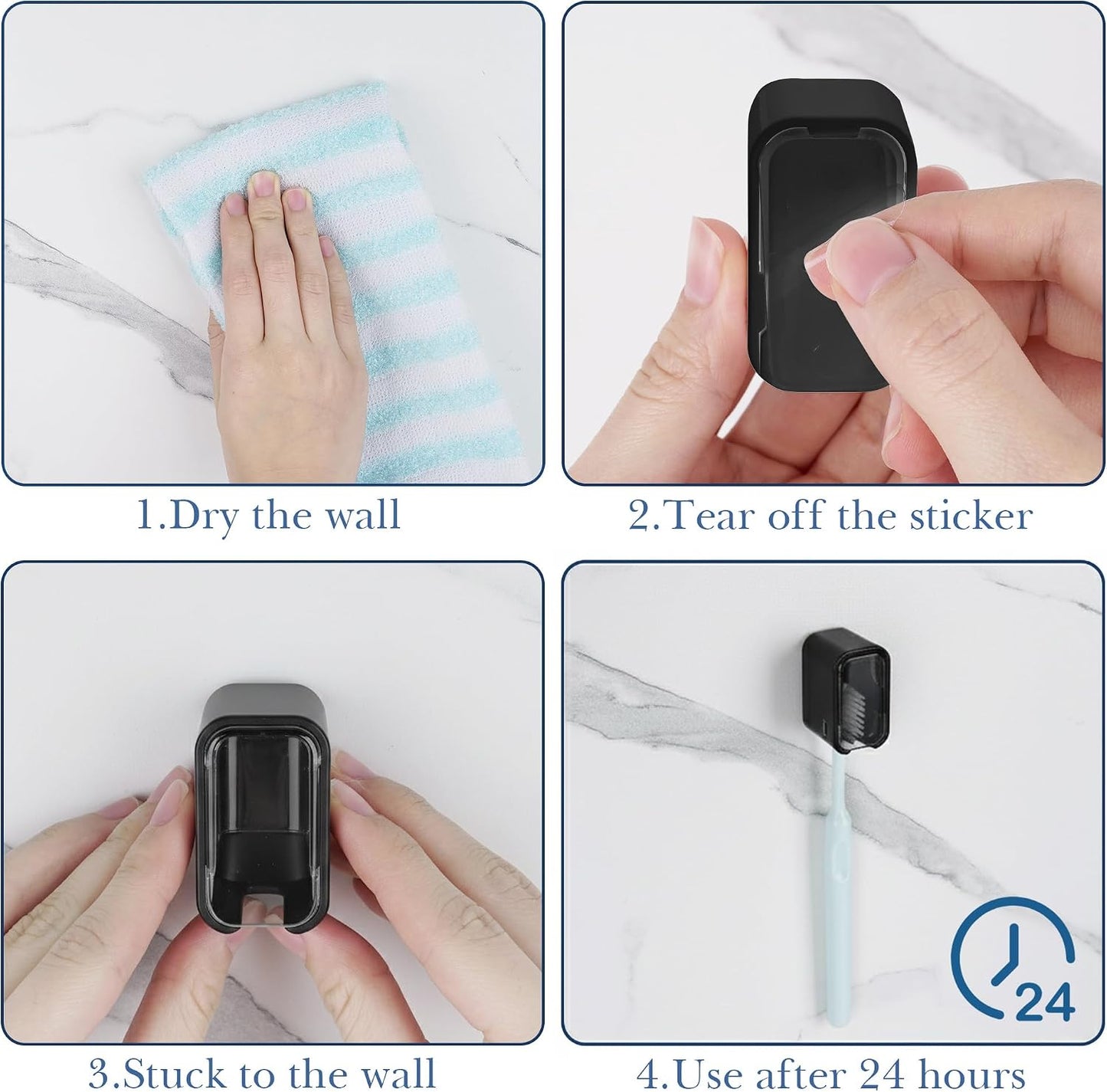 2 PCS Toothbrush Holder Wall Mounted with Cover for Bathroom, Self Adhesive Toothbrush Storage Organizer for Shower, Mini Toothbrush Hanger Rack for Dorm, Cabinet (Black)