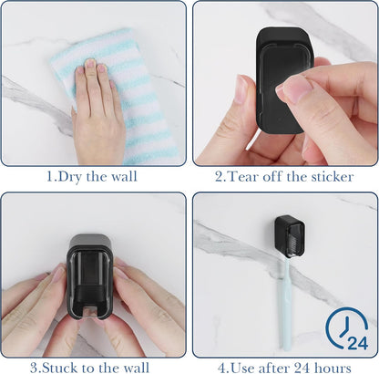 2 PCS Toothbrush Holder Wall Mounted with Cover for Bathroom, Self Adhesive Toothbrush Storage Organizer for Shower, Mini Toothbrush Hanger Rack for Dorm, Cabinet (Black)