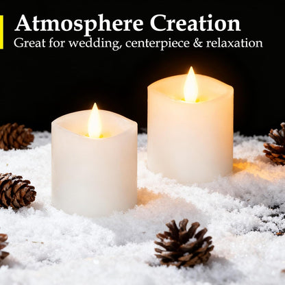 3"x4" Flickering Flameless Battery Candles with Timer, White Realistic LED Pillar Candles, Set of 2 Large Remote-Operated Candles for Home Indoor/Outdoor & Holiday Decor