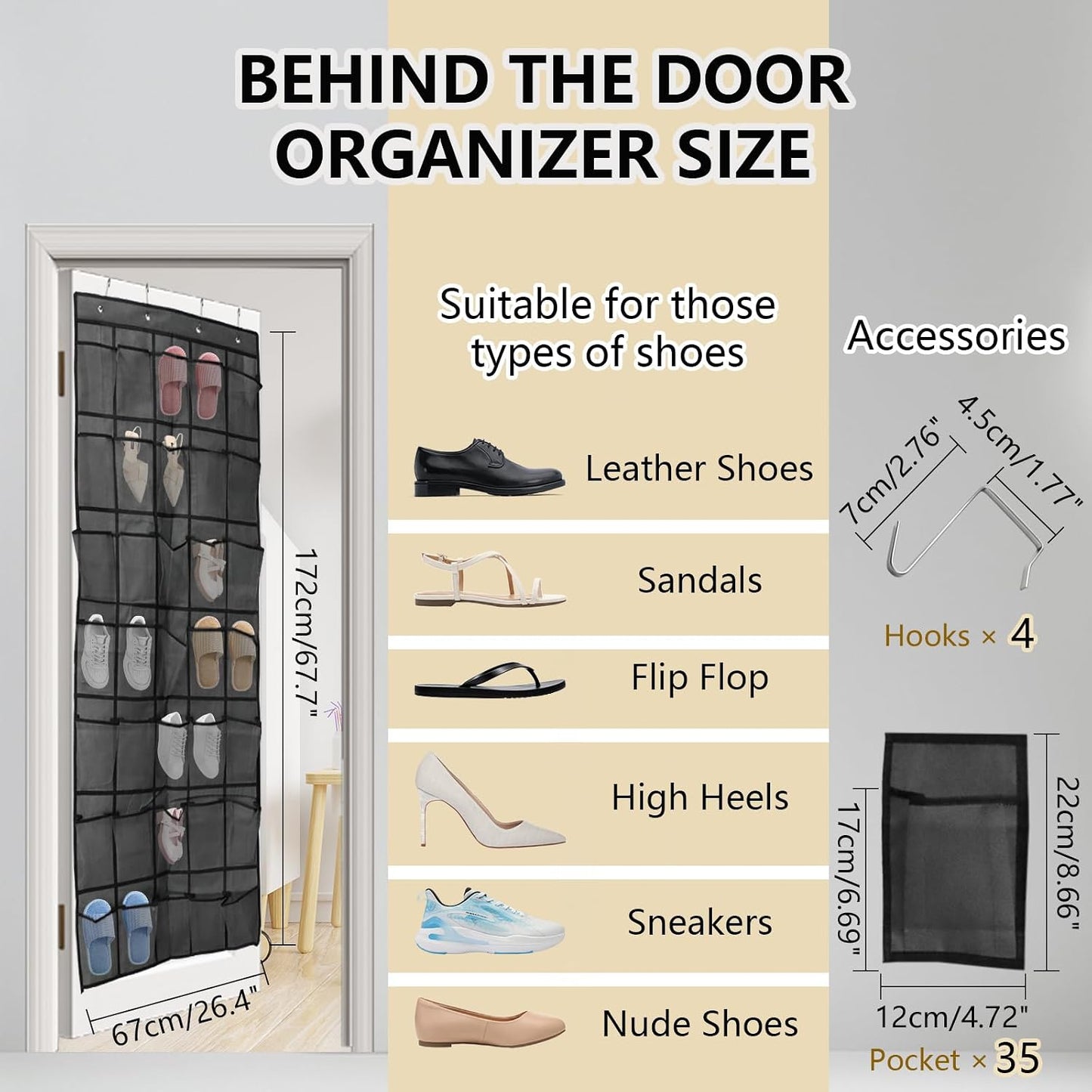 Over the Door Shoe Organizer, 12 Mesh Pockets Hanging Shoe Organizer with 4 Metal Hooks (Black)