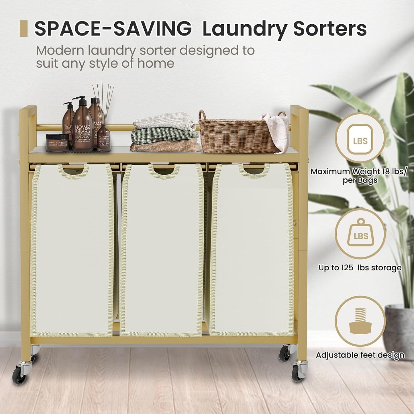 SwaaVee Laundry Sorter, Laundry Hamper 3 Section, 3×11.4Gal, Metal Frame Rolling Laundry Basket with Wooden Top Shelf, Pull out and Removable Laundry Bags, 3 Bags-Gray