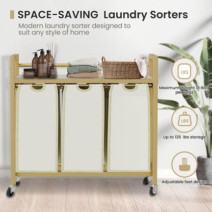 SwaaVee Laundry Sorter, Laundry Hamper 3 Section, 3×11.4Gal, Metal Frame Rolling Laundry Basket with Wooden Top Shelf, Pull out and Removable Laundry Bags, 3 Bags-Gray