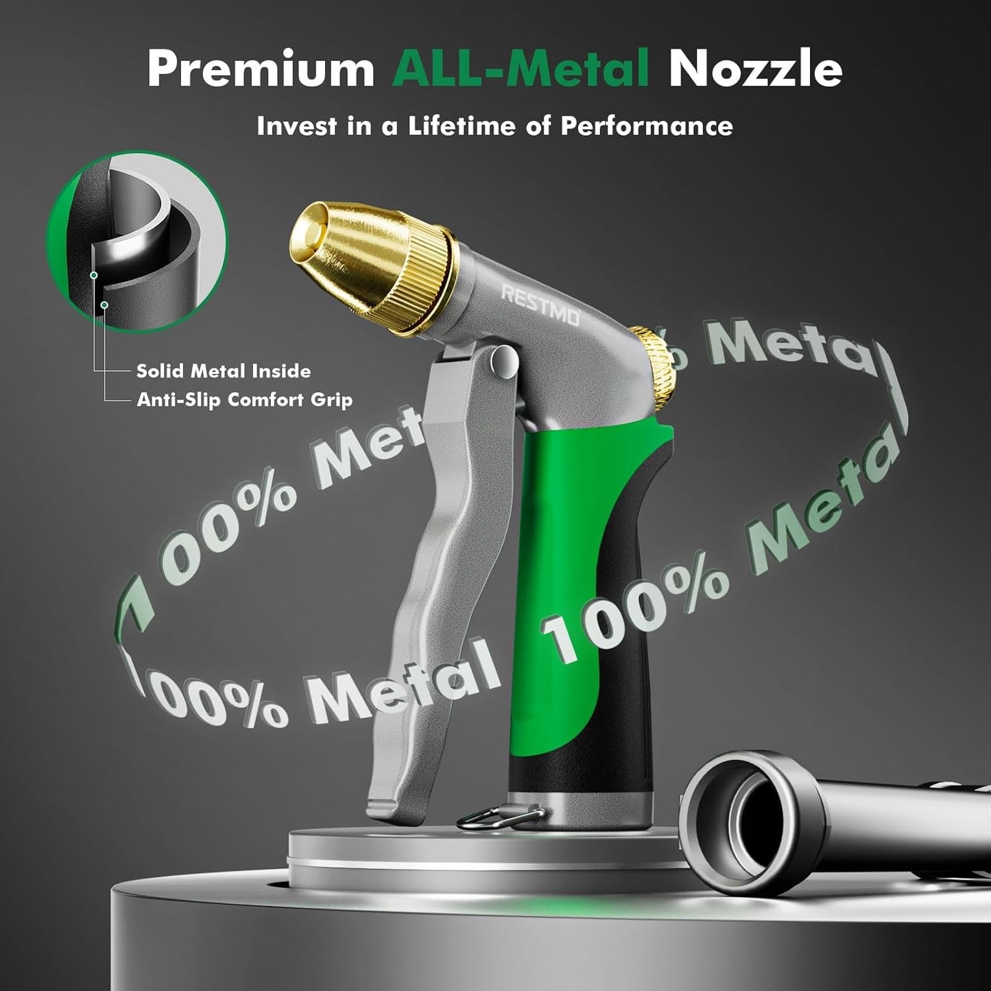 RESTMO Metal Water Hose Nozzle, Heavy Duty Garden Hose Sprayer for Outdoor | Adjustable Brass Spray Head, 4 Watering Patterns, Jet | Mist | Cone | Full, Leak-proof, Ideal for Lawn & Plant & Car, Green
