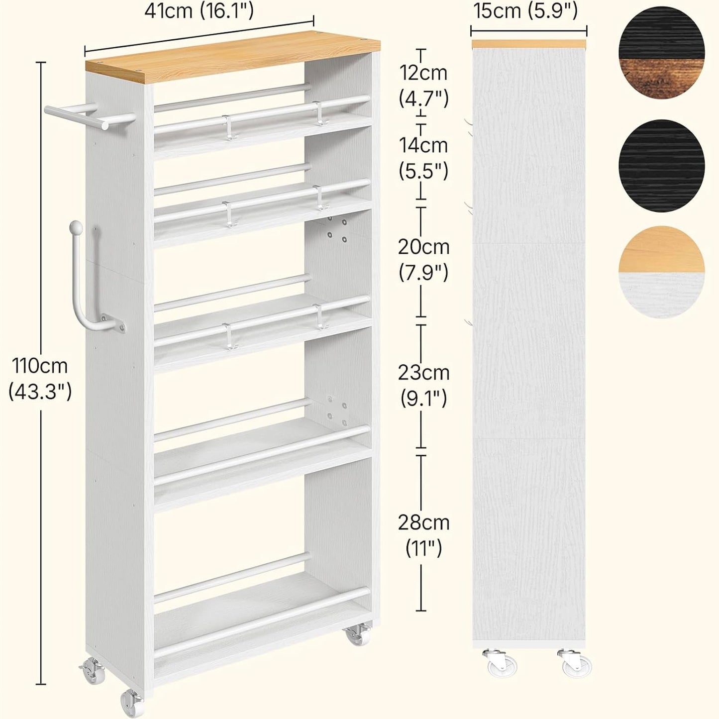 YATINEY 6 Tier Slim Storage Cart, Rolling Utility Cart with 360° Lockable Casters, Handle and 6 Hooks, Space Saving Organizer for Kitchen, Bathroom, Laundry Room, White BC11WN