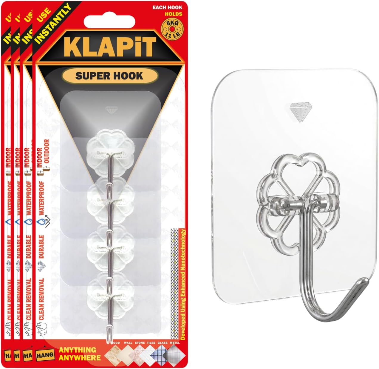 KLAPiT Super Hook - Heavy-Duty Adhesive Clear Wall Hooks Made of Stainless Steel, Holds up to 11 lbs, Waterproof, No Damage, Easy Install on Tile, Wood, Stone, Glass & Metal (Clear, 8pc)