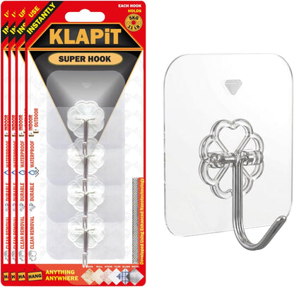 KLAPiT Super Hook - Heavy-Duty Adhesive Clear Wall Hooks Made of Stainless Steel, Holds up to 11 lbs, Waterproof, No Damage, Easy Install on Tile, Wood, Stone, Glass & Metal (Clear, 8pc)