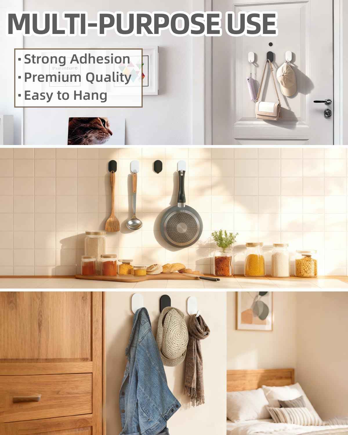 White Adhesive Hooks, 6-Pack Heavy Duty No Drill Bathroom Hooks | Waterproof & Rustproof Stainless Steel, Strong Adhesion, Holds Up to 11 lbs, Self Adhesive Wall Hooks for Towels & Robes