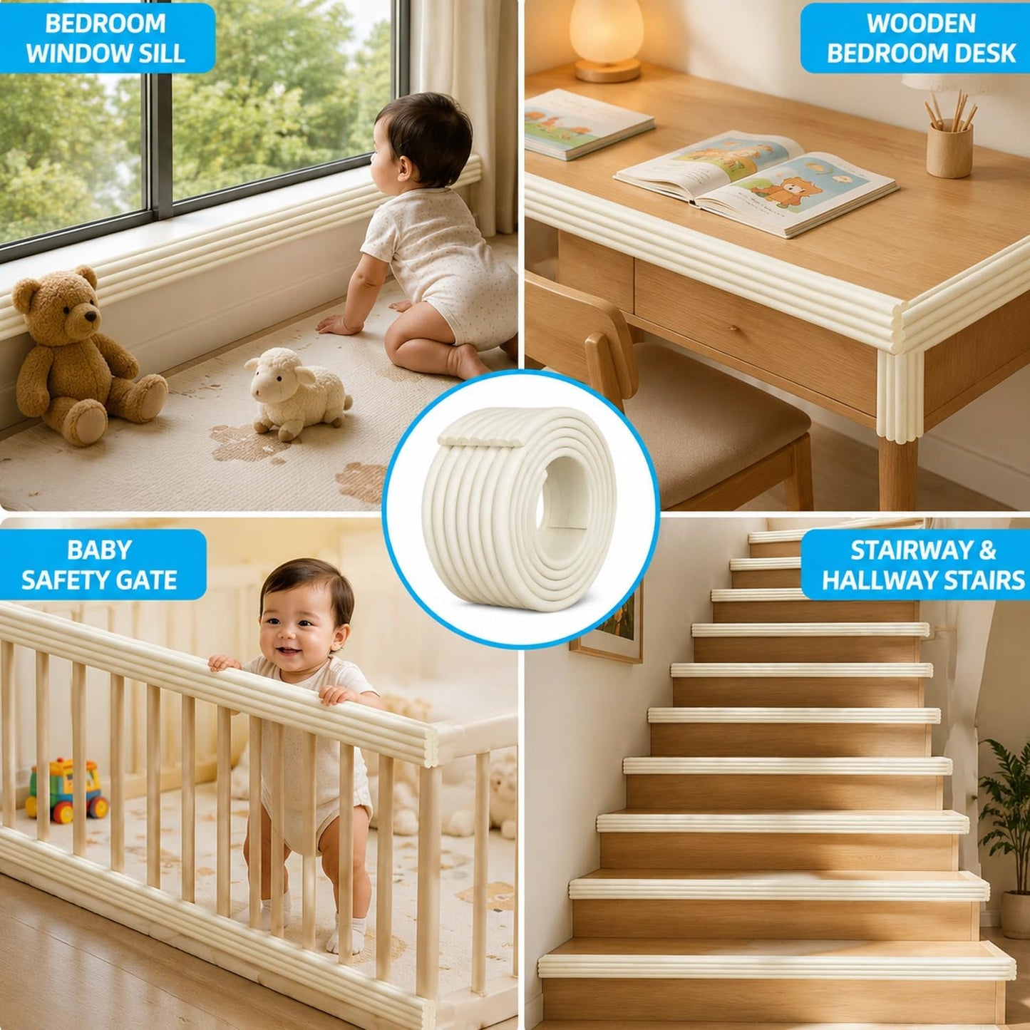 ZOMPAGO Baby Edge Protector Roll (6.56FT) & 8 Corner Guards - White Foam Furniture Corner Protectors - Baby Proof Corners and Edges for Table, Wall, Bed Frame - Baby Proofing Safety Bumpers