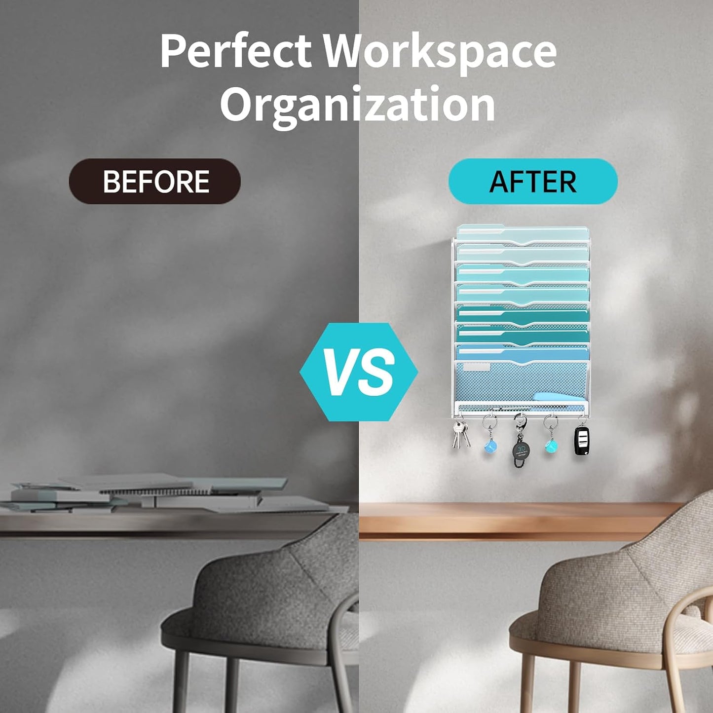 5 Tier Wall File Organizer - Hanging File Organizer with 5 Hooks, Mail Holder Wall Mounted for Papers, Folders, Magazines, Bills, Office&School Organization, Black
