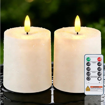 Raycare 3"x2.5" White Outdoor Waterproof Flameless Candles with Remote and Timer, Realistic LED Candles, Battery Operated Electric Fake Pillar Candles for Porch, Patio, Garden, Set of 2