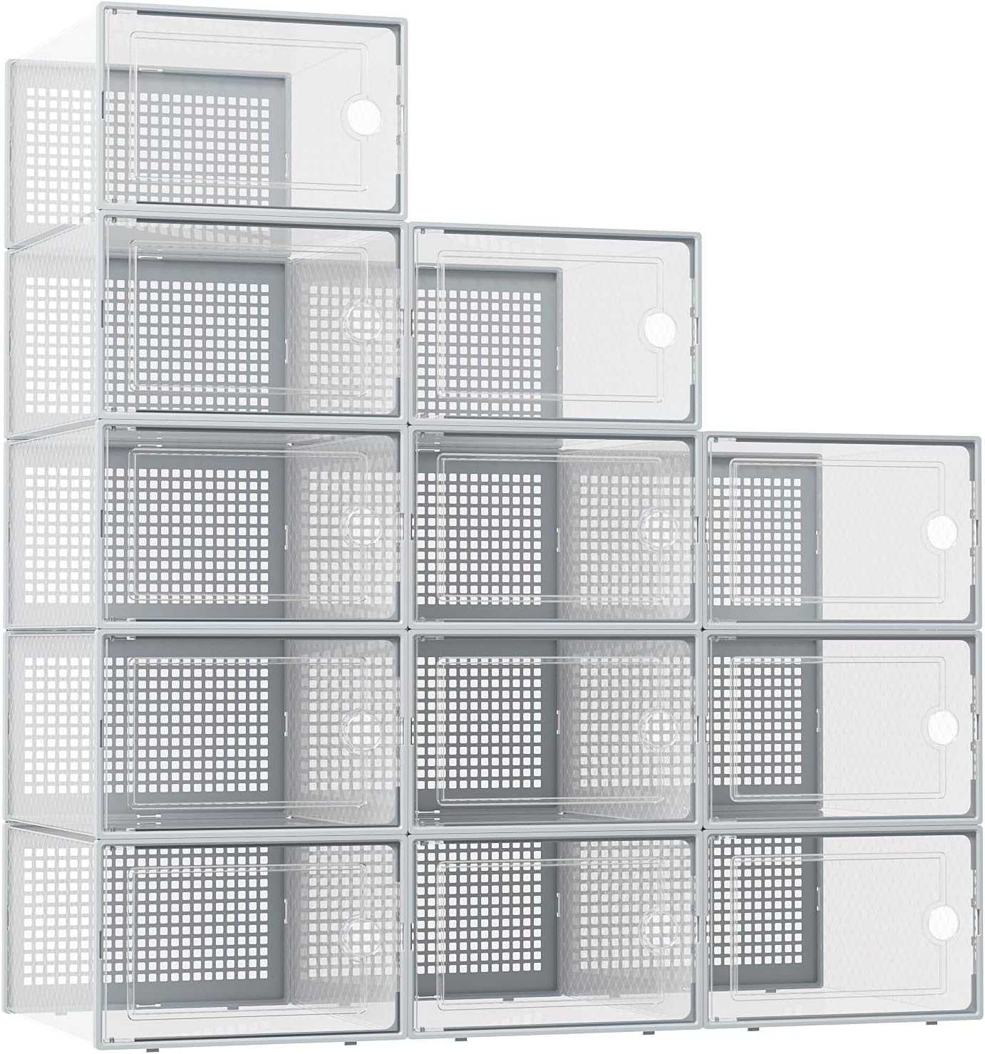 Kuject X-Large Shoe Storage Boxes Organizers for Closet 12 Pack, Fit Size 11,Clear Plastic Stackable Sneaker Containers for Entryway, Space Saving Shoe Rack, Brown