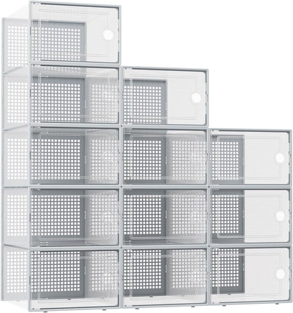 Kuject X-Large Shoe Storage Boxes Organizers for Closet 12 Pack, Fit Size 11,Clear Plastic Stackable Sneaker Containers for Entryway, Space Saving Shoe Rack, Brown