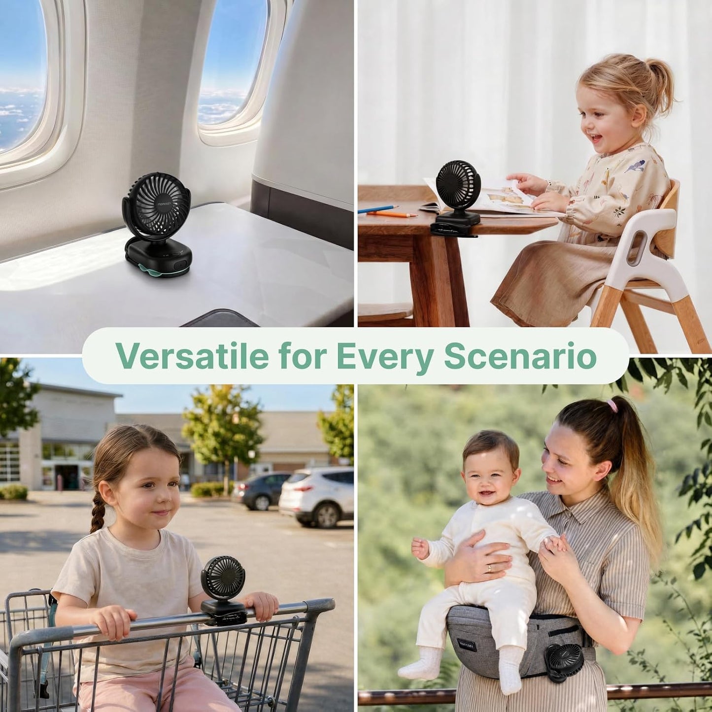 Momcozy Portable Stroller Fan with Clip | 4-Speed Mini-Fan for Carrier | Personal Fans Ultra Light 0.26lb | Gaps ≤4.5mm | Handheld Cooling | Rechargeable Rotate for Diaper Backpack/Table/Chair