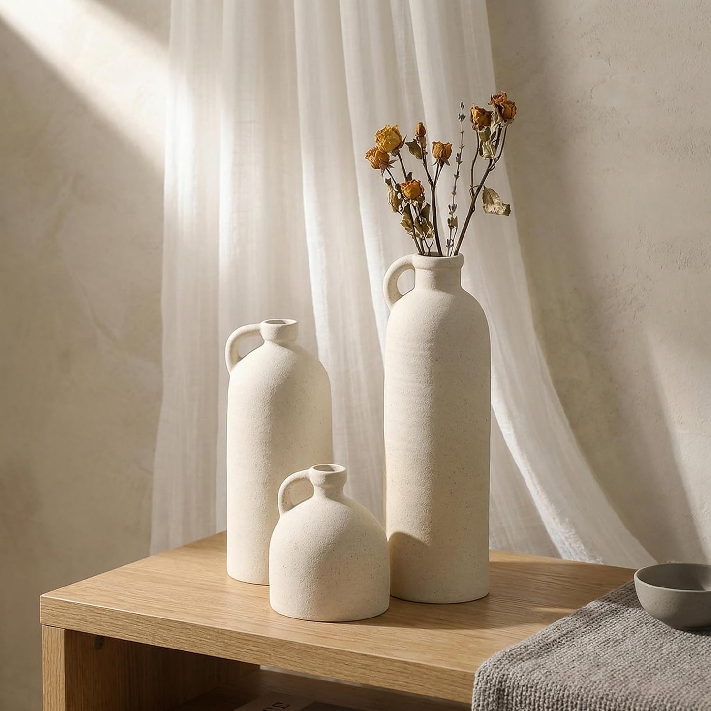 Ceramic Vase Set of 3 with Handles, Green White Neutral Rustic Modern Farmhouse Boho Decor, Versatile as Table Centerpiece or Mantel & Shelf Accent - Unique Home Gift Idea