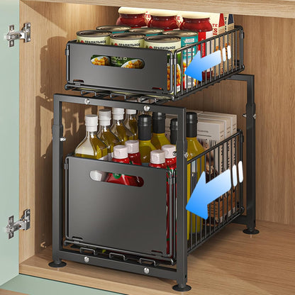 Under Sink Organizer, 2-Tier Multi-Use Kitchen and Bathroom Organizers and Storage, Slide Out Thickened Metal Under The Sink Organizer for Kitchen Bathroom Pantry (Style A White, 1 Pack)