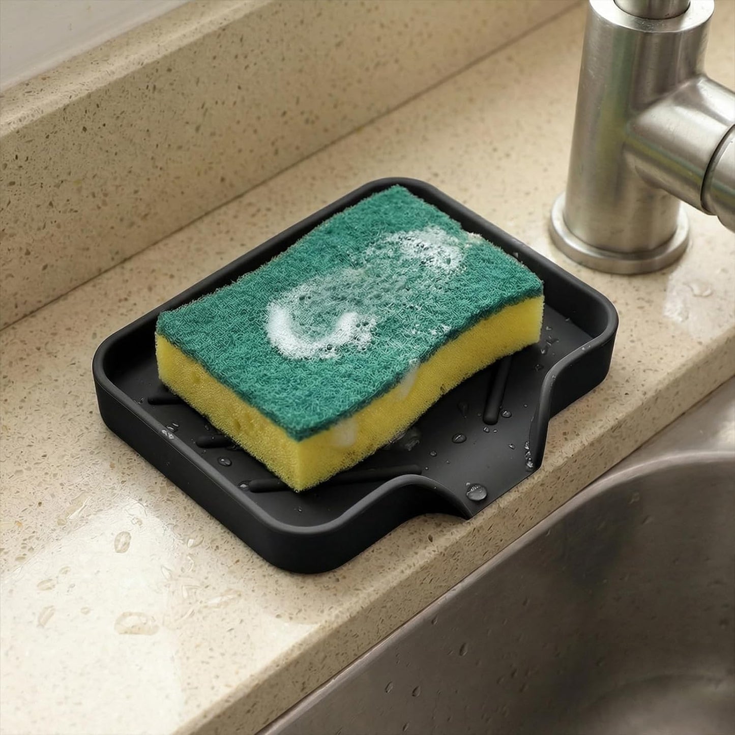 Silicone Bathroom Soap Dishes with Drain Spout Soap Dispenser Tray Sponge Holder Self Draining Kitchen Sink Counter Organizer Caddy for Dispenser Scrubber Bottle Cup(Black)