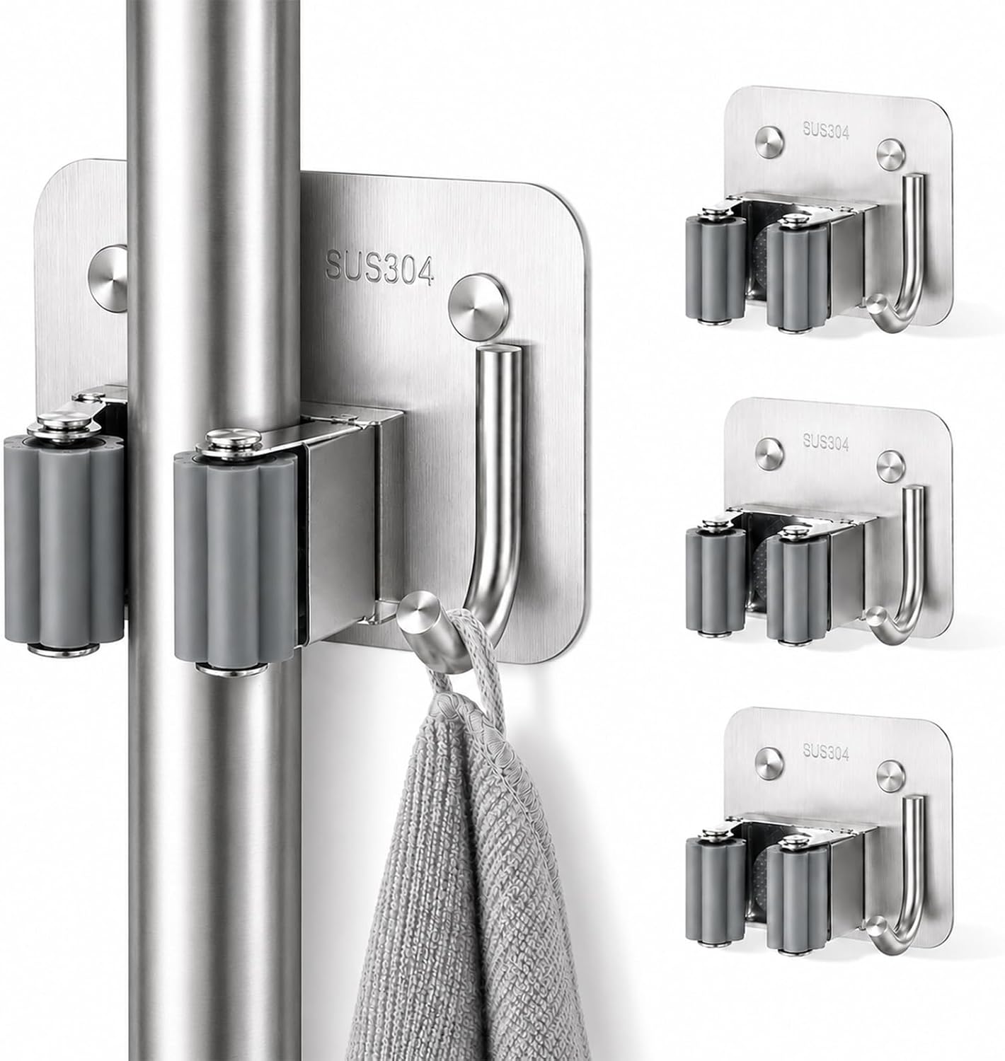 Broom Holder Wall Mount 4 Pack, Heavy Duty Mop and Broom Holder with Hooks, 304 Stainless Steel Broom Hanger, Self Adhesive or Screw Mount Organizer for Kitchen Laundry Garage