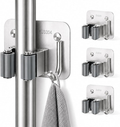 Broom Holder Wall Mount 4 Pack, Heavy Duty Mop and Broom Holder with Hooks, 304 Stainless Steel Broom Hanger, Self Adhesive or Screw Mount Organizer for Kitchen Laundry Garage