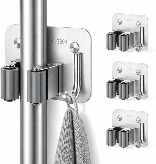 Broom Holder Wall Mount 4 Pack, Heavy Duty Mop and Broom Holder with Hooks, 304 Stainless Steel Broom Hanger, Self Adhesive or Screw Mount Organizer for Kitchen Laundry Garage