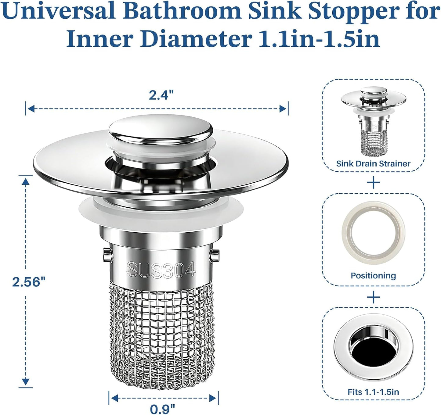Bathroom Sink Drain Strainer,Pop Up Sink Stopper with Removable Stainless Steel Hair Catcher Basket, Anti-Clog Bathroom Sink Drain Plug for 1.1-2.36 Inch Drain Holes (Sliver 2Pcs)