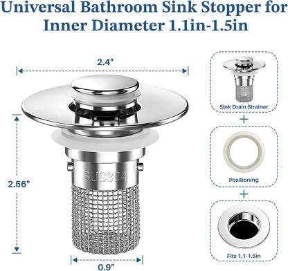 Bathroom Sink Drain Strainer,Pop Up Sink Stopper with Removable Stainless Steel Hair Catcher Basket, Anti-Clog Bathroom Sink Drain Plug for 1.1-2.36 Inch Drain Holes (Sliver 2Pcs)