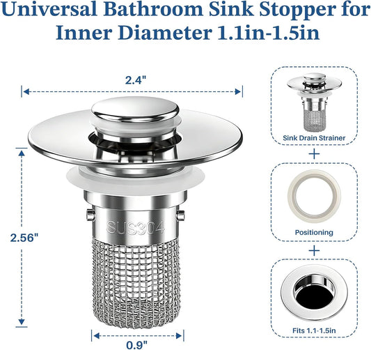 Bathroom Sink Drain Strainer,Pop Up Sink Stopper with Removable Stainless Steel Hair Catcher Basket, Anti-Clog Bathroom Sink Drain Plug for 1.1-2.36 Inch Drain Holes (Sliver 2Pcs)