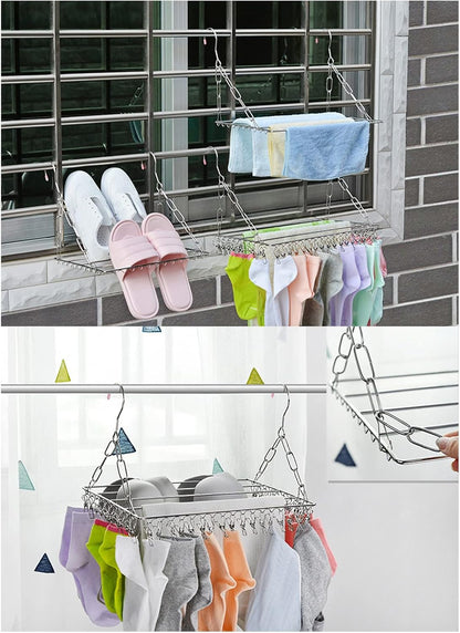Stainless Steel Sock Drying Rack,Multifunctional Laundry Drying Rack Hanging Drying Rack Swivel Hook Wind Proof Clothes Hanger Rack with Clips for Hanging Clothes Towels Socks (Without Clip 40cm)