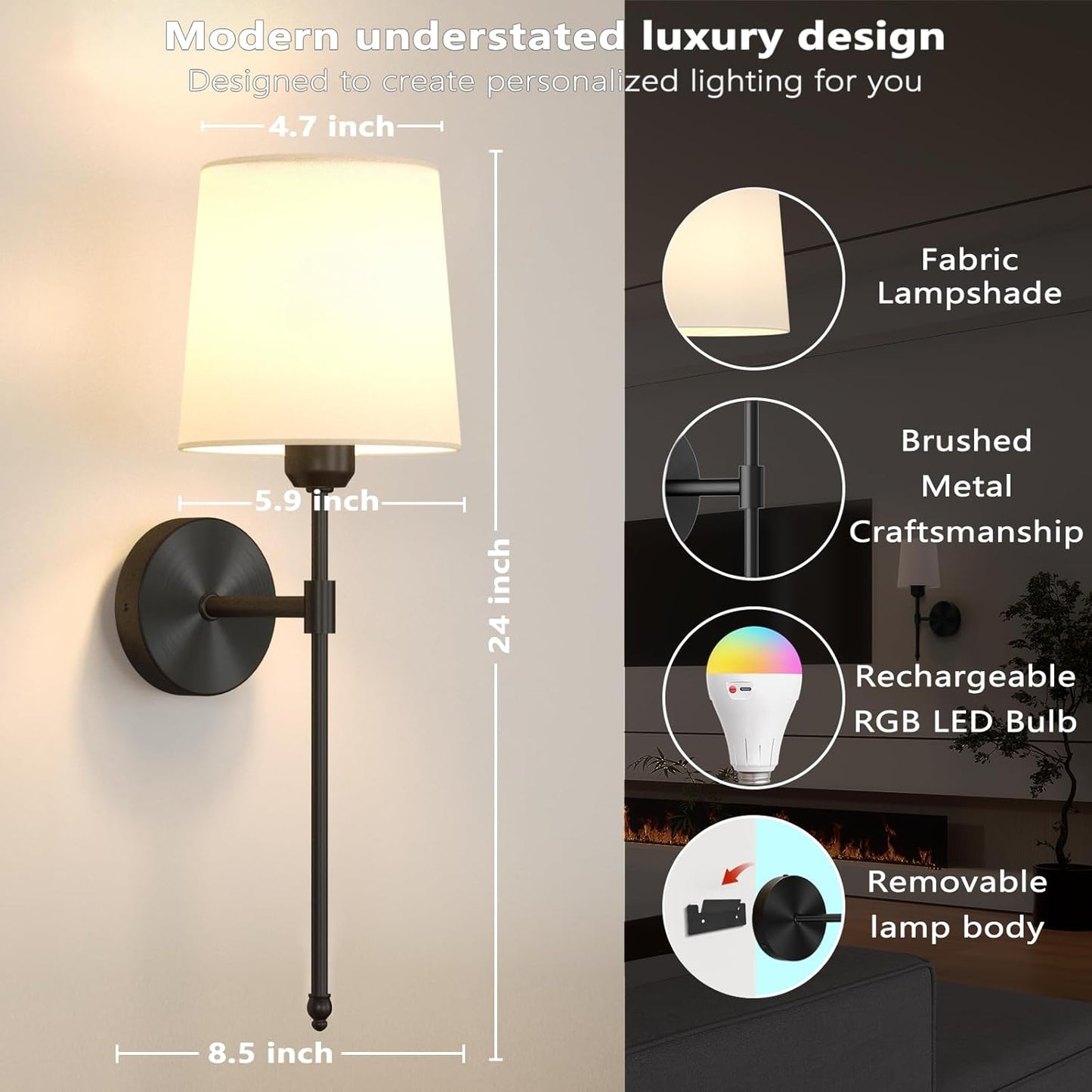Ouyulong Battery Operated Wall Sconces Set of 2, Wireless Rechargeable Dimmable Wall Light with RGB Bulb and Remote for Bedroom, Living Room, Hallway (Gold)