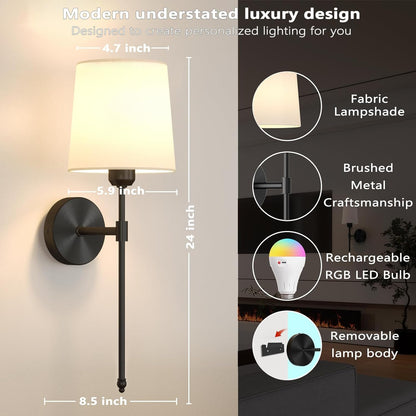 Ouyulong Battery Operated Wall Sconces Set of 2, Wireless Rechargeable Dimmable Wall Light with RGB Bulb and Remote for Bedroom, Living Room, Hallway (Gold)