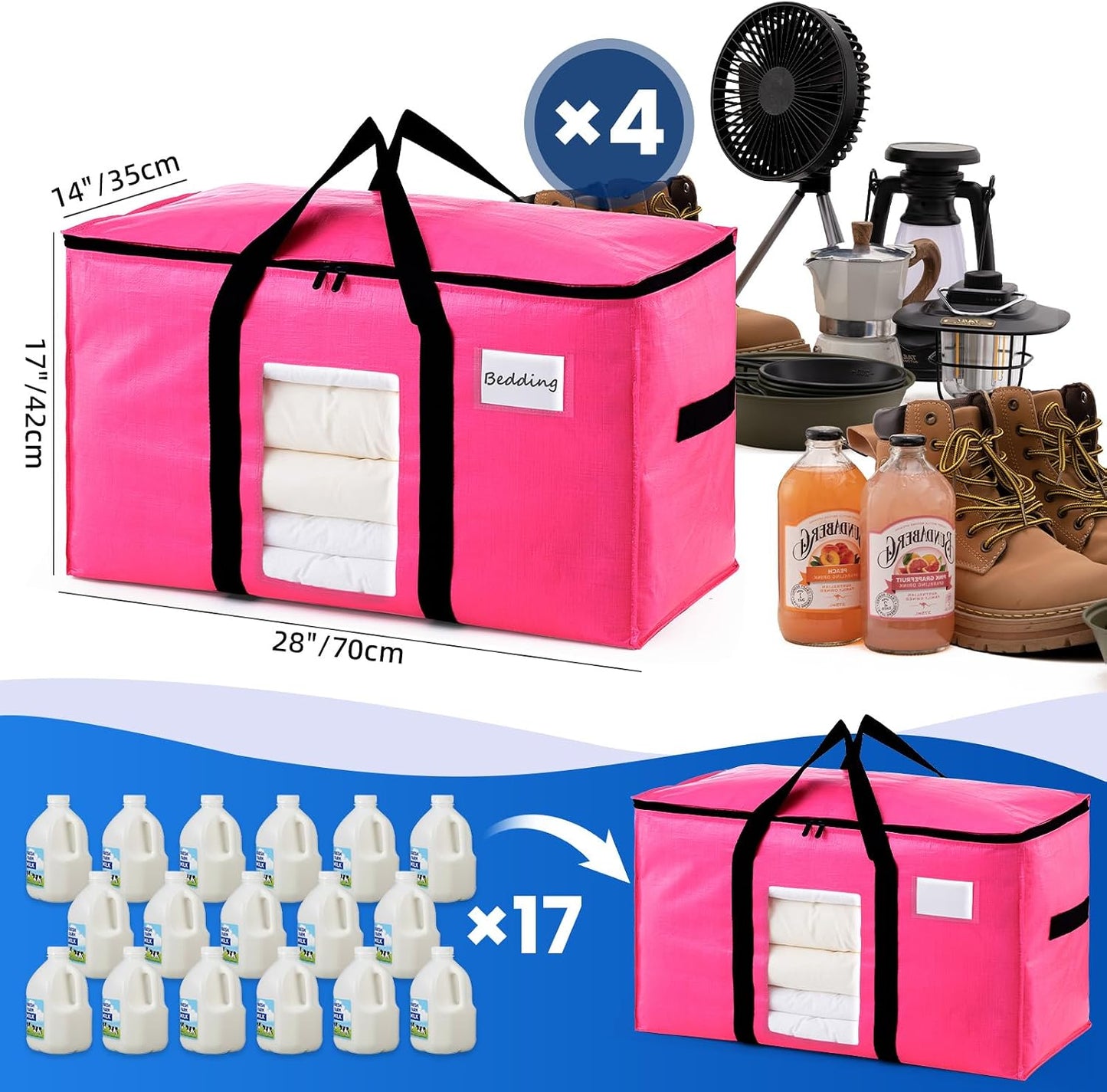 TAILI Extra Large Moving Bags, 4 Pack Blue Heavy Duty Totes For Storage with Visible Window, Wrap Around Handles, Storage Bags for Space Saving, Alternative to Moving Boxes