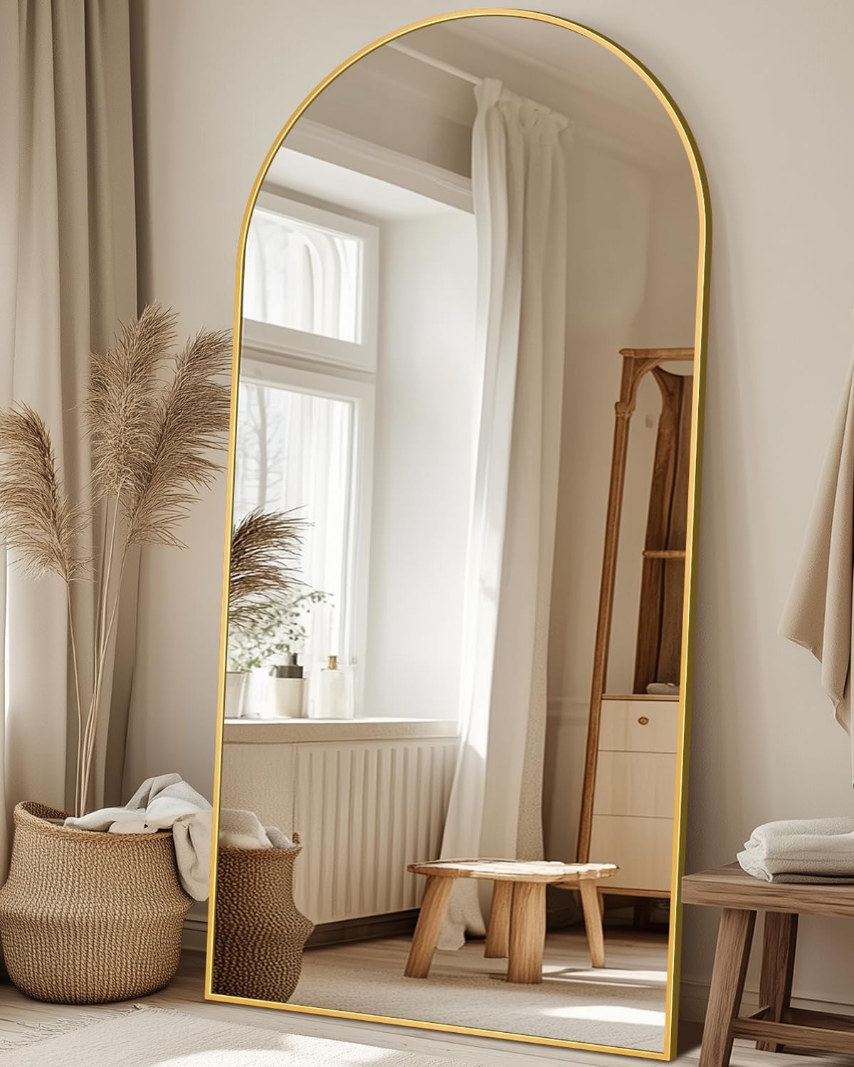 Full Length Mirror with Stand, 71"x28" Arched Full Body Large Stand Up Aluminum Frame Floor Standing Mirror, Freestanding Hanging Leaning Mounted for Bedroom Living Room Entryway Gold