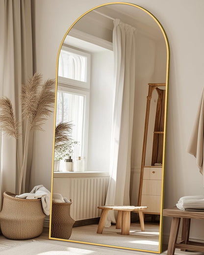 Full Length Mirror with Stand, 71"x28" Arched Full Body Large Stand Up Aluminum Frame Floor Standing Mirror, Freestanding Hanging Leaning Mounted for Bedroom Living Room Entryway Gold