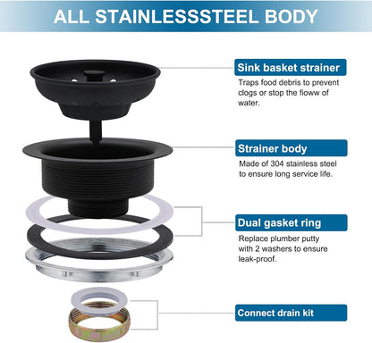 ZM Kitchen Sink Stainless Steel Basket Strainer with Drain Assembly, 3-1/2 Inch Sink Drain Stopper Plug