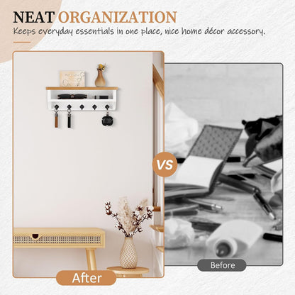 Nekon Key Holder Wall Mount, Wall Organizer Shelf with 5 Key Hooks, Room Decor for Home and Apartment Essentials, White