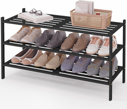 Smiry Bamboo Shoe Rack, 3 Tier Free Standing Wooden Shoe Organizer, Stackable Wood Shoe Storage Shelf for Closet, Entryway, 5 Horizontal Slats, 26.8"x11"x18.3", Natural