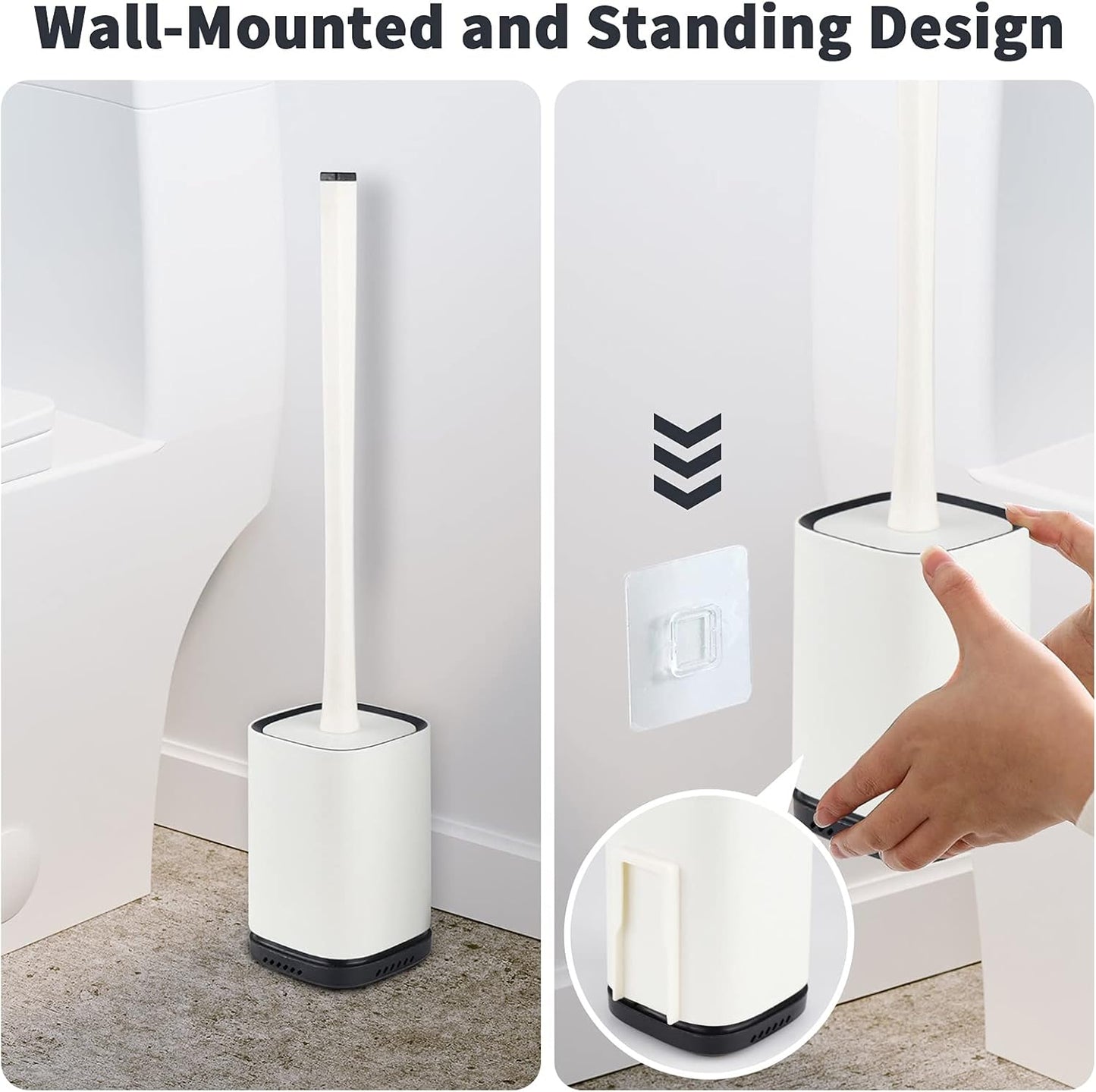 Silicone Toilet Brush and Holder Set for Bathroom Durable Toilet Bowl Scrubber with Long Plastic Handle and Soft Silicone Bristles for Deep Cleaning Wall Mounted Toilet Brush Cleaner Anti-Drip Holder