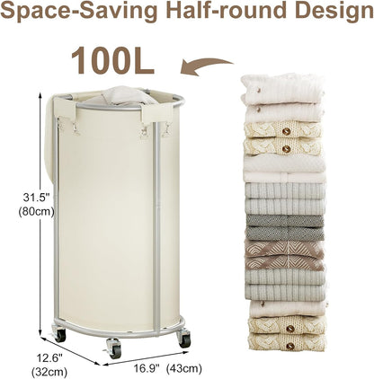 200L Double Laundry Hamper with Lid and Wheels, Large Oval Rolling Laundry Basket 2 section, Sturdy Metal Laundry Cart with 2 Removable Bags, Dirty Clothes Organizer for Home, Dorm, Black