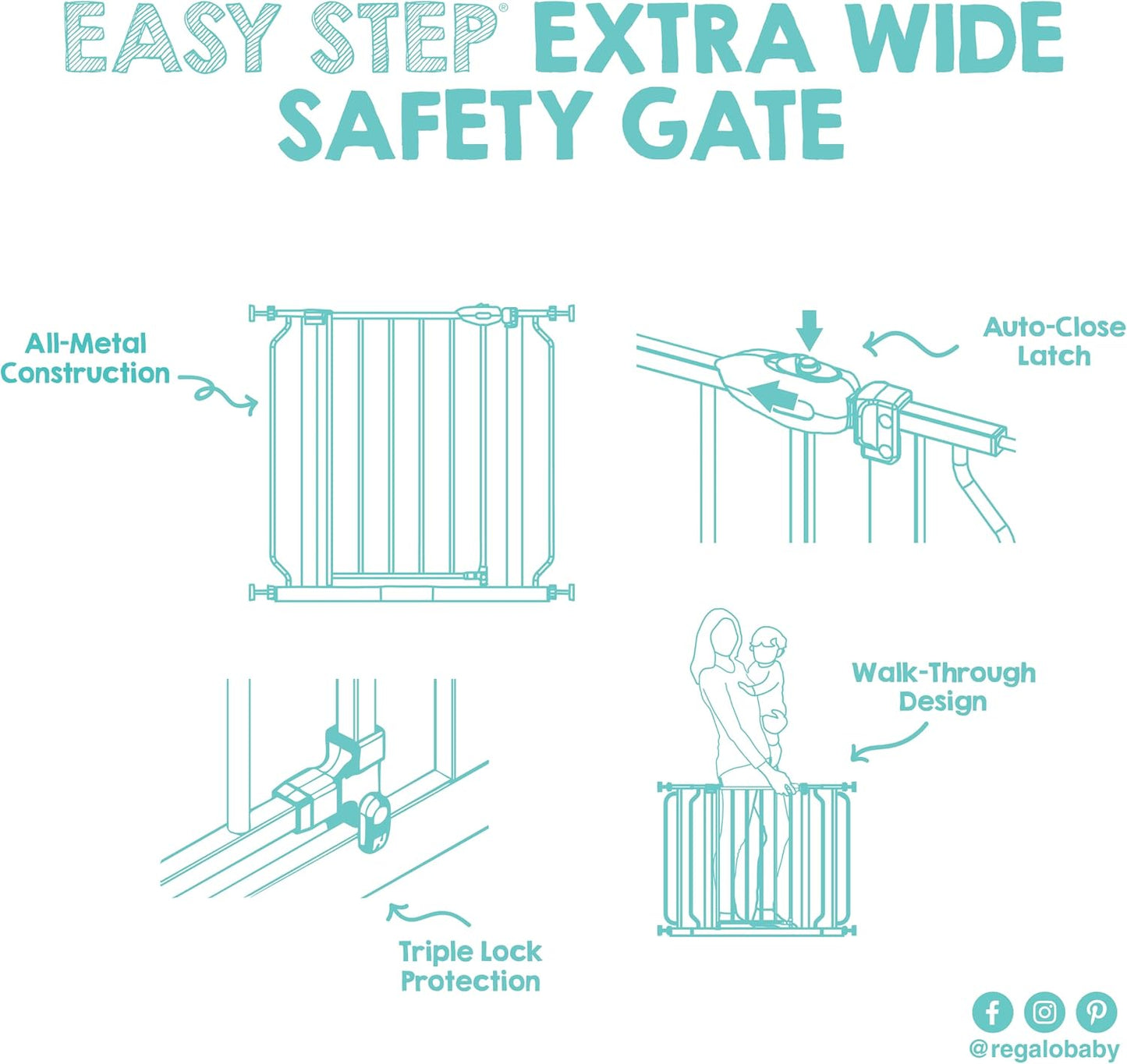 Regalo Safety 29-38.5" Baby Gate for Doorways & Bottom of Stairs, Pressure Mounted Baby Gate with Door for Babies, Toddlers & Pets, Tested & Safe for 30 Years, American Designed, American Owned, White