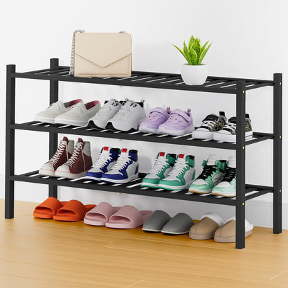 Smiry Bamboo Shoe Rack, 3 Tier Free Standing Wooden Shoe Organizer, Stackable Wood Shoe Storage Shelf for Closet, Entryway, 12 Vertical Slats, 2+1 Stack Standard Legs, 26.8"x11"x19.5", Natural