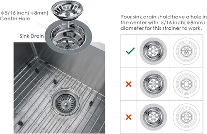 KANARY Kitchen Sink Basket Strainer Replacement for Standard Drains (3-1/2 Inch) Stainless Steel Body with Rubber Stopper (Pack of 2, Stianless Steel)