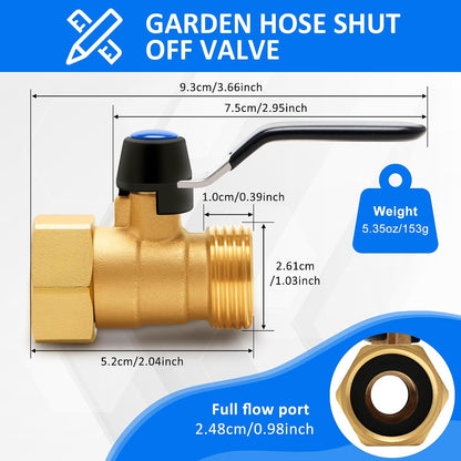 Brass Garden Hose Splitter, Hose y Splitter with Shutoff, Hose Splitter 2 Way Heavy Duty, Brass Y-Valve Water Garden Hose Adapter 2-Way Y-Valve 3/4" GHT Threads