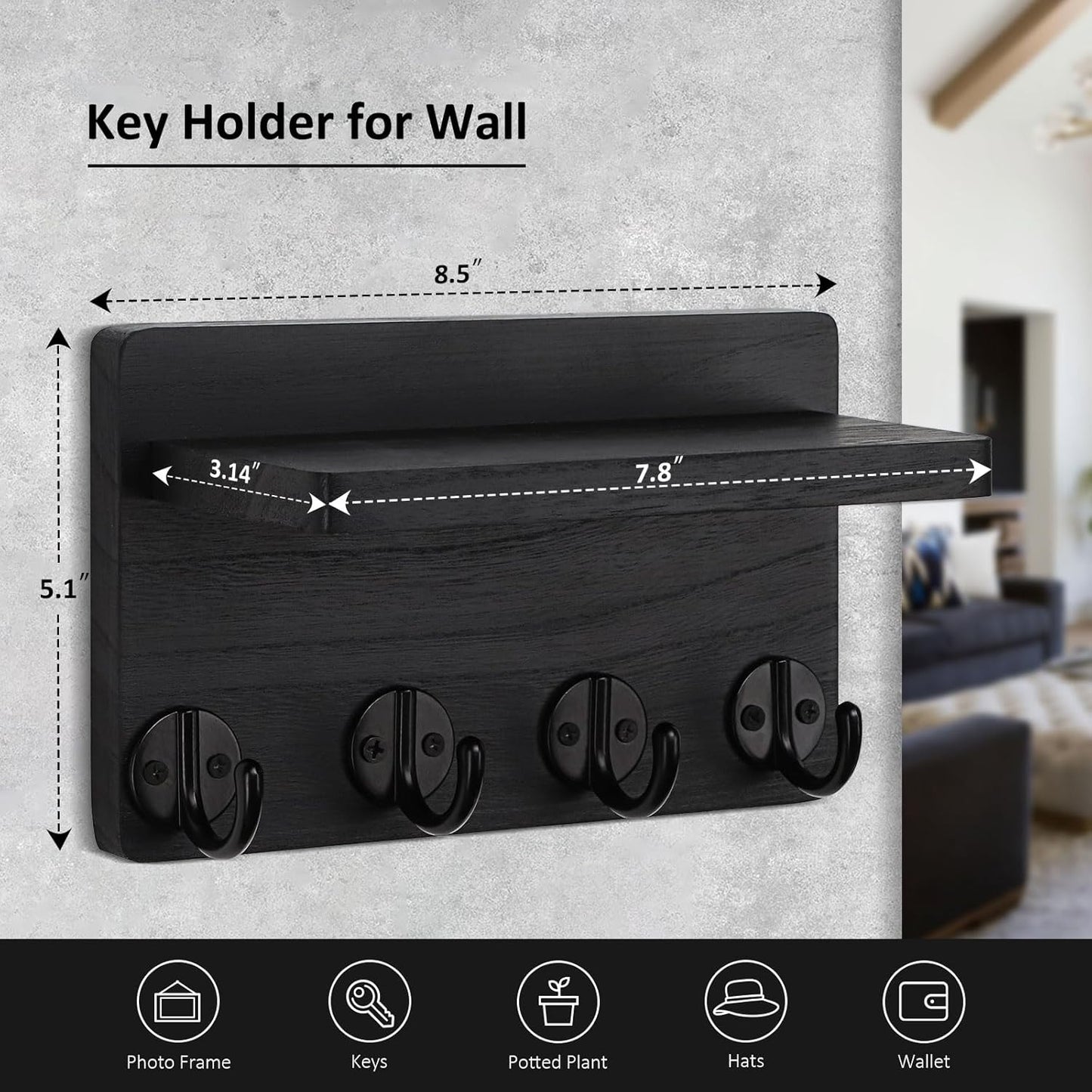 Nekon Key Holder Wall Mount, 8.5 Inch Small Home Decor Wooden Wall Organizer with 4 Hooks and Shelf, Wall Decor for Living Room Entryway Kitchen (Brown)