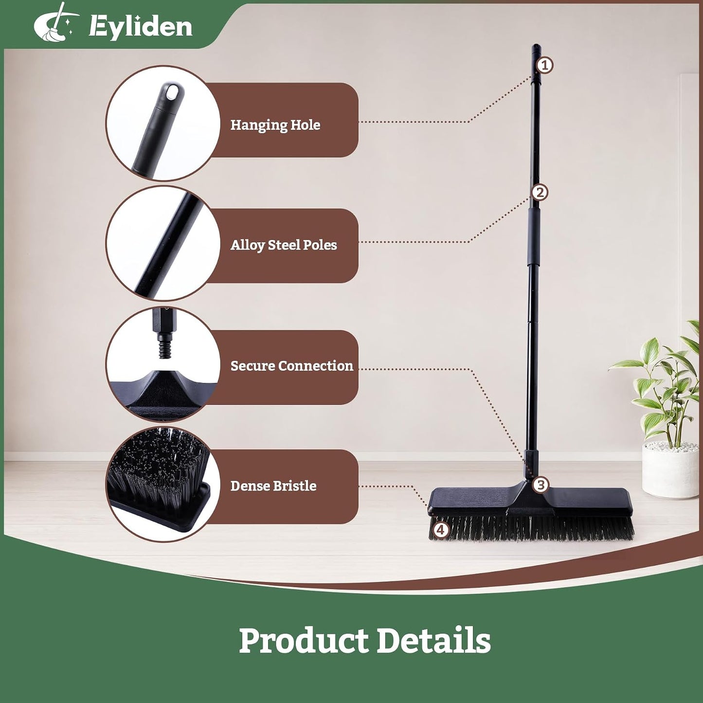 Eyliden 18" Push Broom for Deck Driveway Patio Garage, Black | Heavy-Duty Stiff Bristles Sweeper with 66" Adjustable Handle | Outdoor Concrete Sidewalk Yard Snow Cleaning Tool