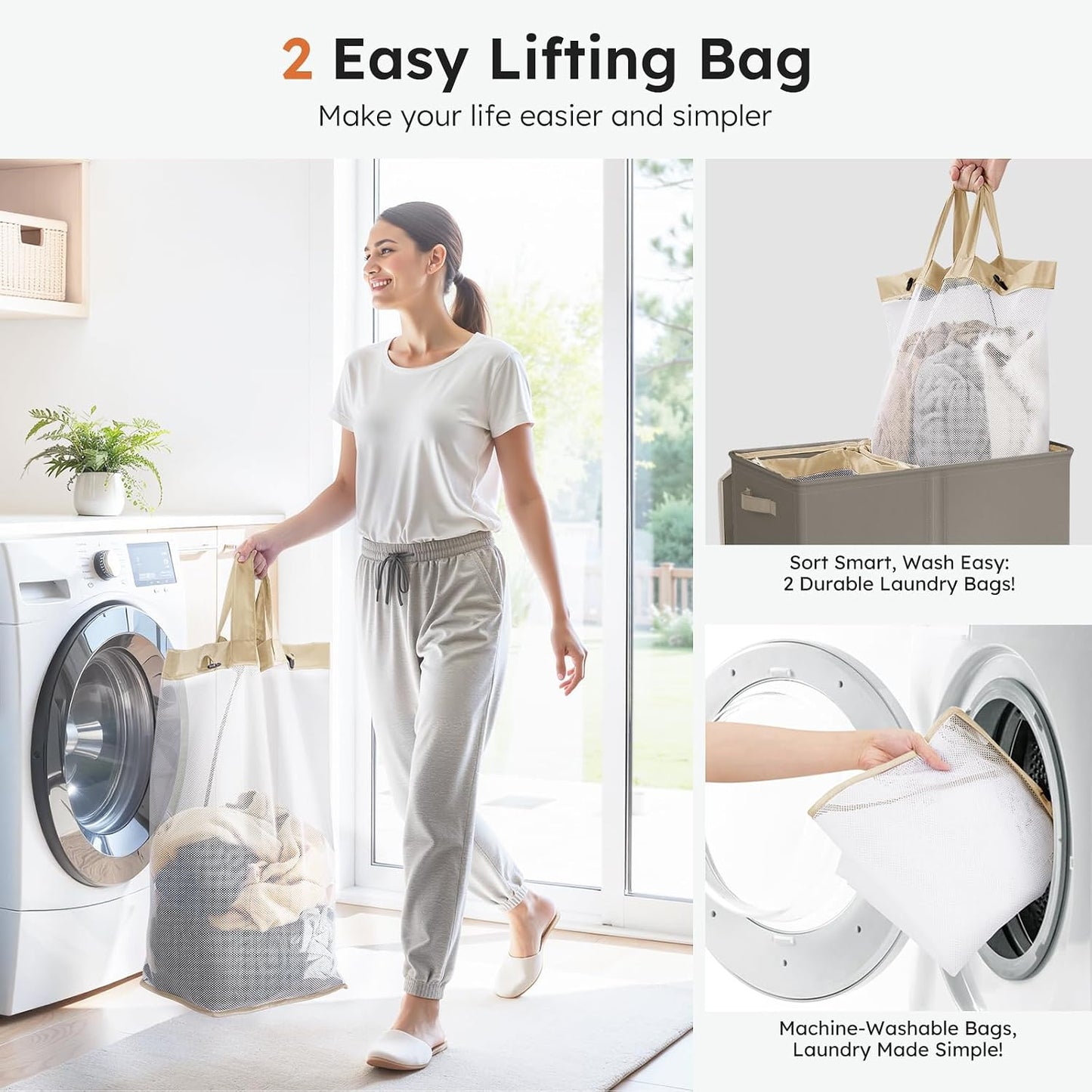 SOLEDI Luxury Double Laundry Hamper with Lid and Removable Bags, 38.3 Gal Large Laundry Bin, Laundry Basket 2 Sections, Collapsible Clothes Hamper for Bedroom, Laundry Room, Bathroom, Off-white