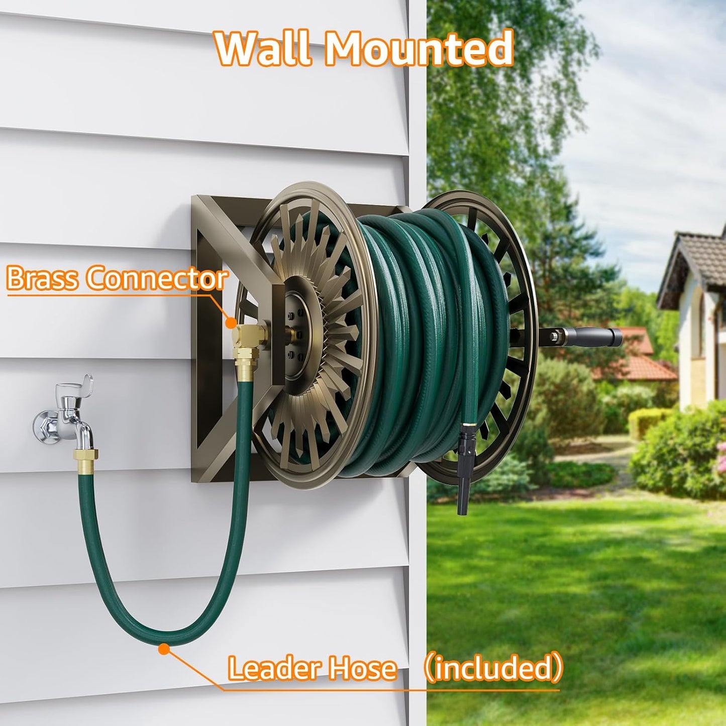 GOFORWILD Garden Wall Mount Hose Reel, Decorative Hose Reel, Garden Heavy-Duty Water Hose Holder Winder, Holds 200-Feet of 5/8-Inch Hose