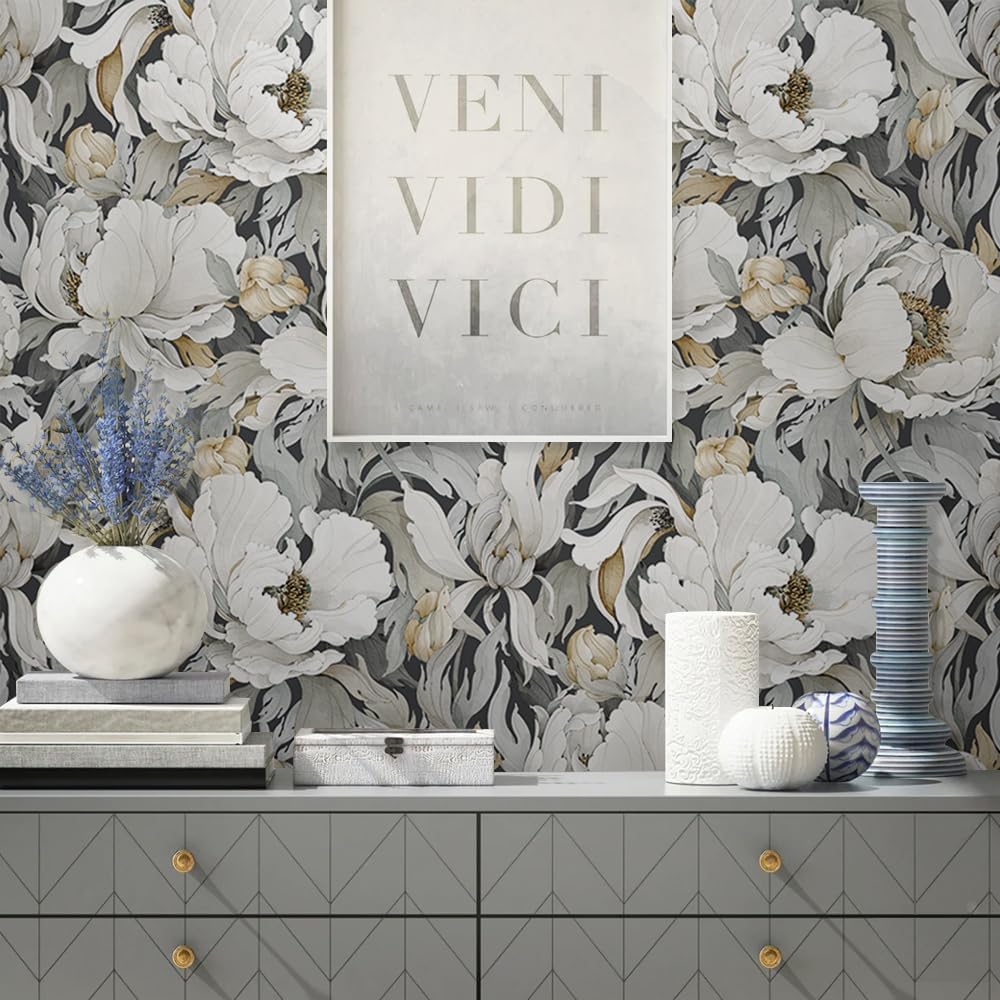 MuralPeel Dark Grey White Poppies Peony Floral Vintage Peel and Stick Wallpaper Self Adhesive Removable Easy Peel Off Stick on Wall Paper for Bedroom Cabinet Renter