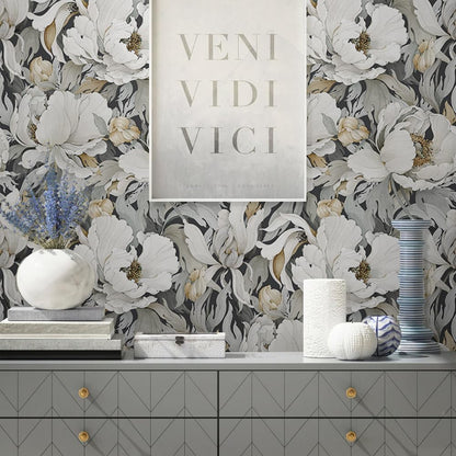 MuralPeel Dark Grey White Poppies Peony Floral Vintage Peel and Stick Wallpaper Self Adhesive Removable Easy Peel Off Stick on Wall Paper for Bedroom Cabinet Renter