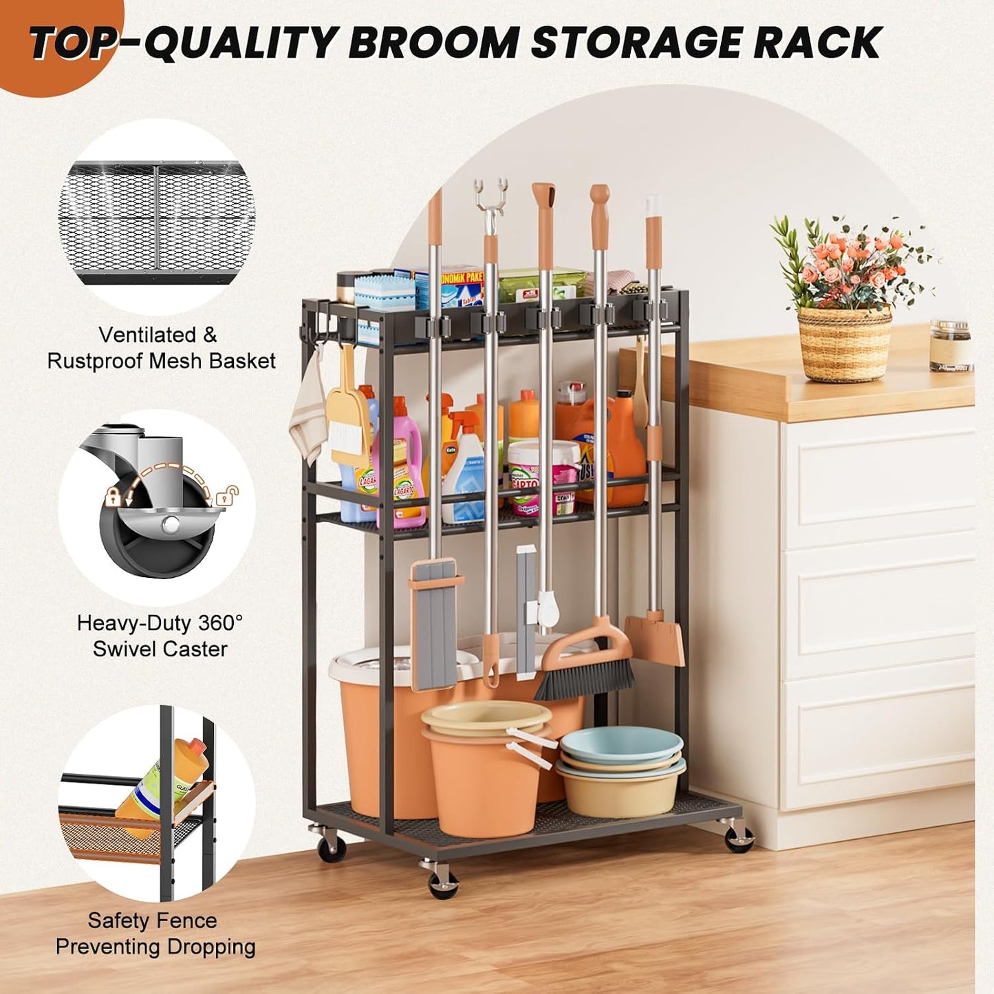 Olakee Taller Broom Holder with Cleaning Supplies Organizer, Broom Closet Storage Cabinet with Mop Hanger Gripper Rack Hooks, Housekeeping Janitorial Cart with Cleaning Caddy, Garage Home Improvement